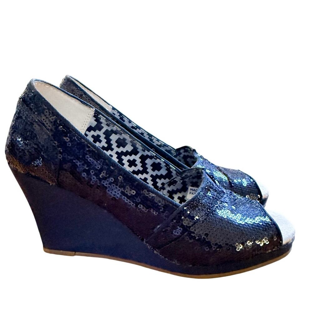 TOMS Black Sequin Espadrille Wedges Size 8